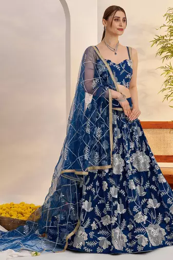 teal blue party wear thread embroidered net lehenga choli set