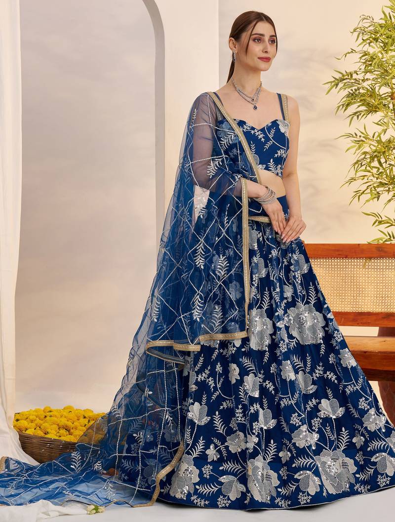 Awesome Teal Blue Thread Embroidered Net Party Wear Lehenga Choli