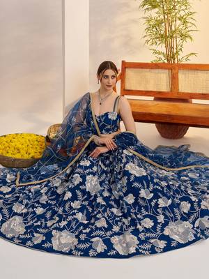 teal blue party wear thread embroidered net lehenga choli set 3