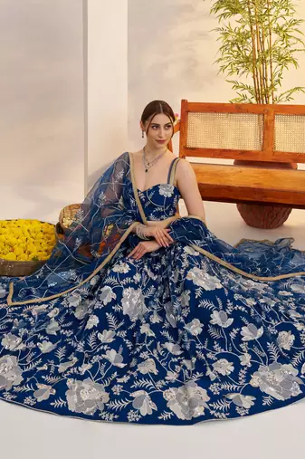 teal blue party wear thread embroidered net lehenga choli set