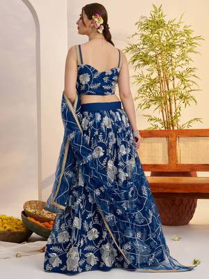 teal blue party wear thread embroidered net lehenga choli set 4