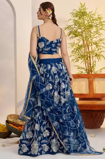 teal blue party wear thread embroidered net lehenga choli set