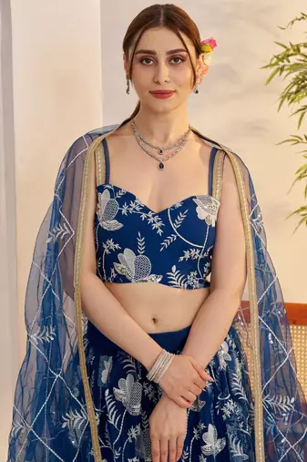 teal blue party wear thread embroidered net lehenga choli set