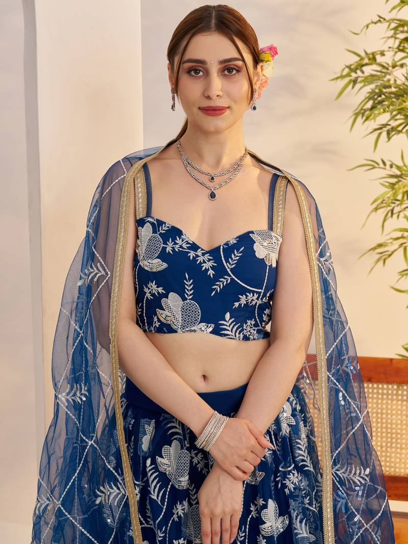 Awesome Teal Blue Thread Embroidered Net Party Wear Lehenga Choli