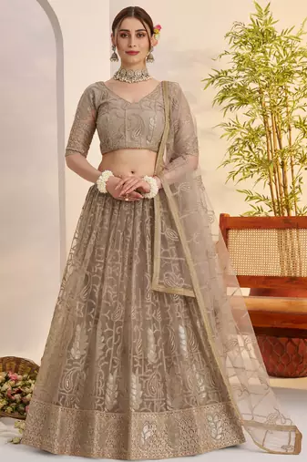 Gleaming Gray Sequins Net Bridesmaid Lehenga Choli With Dupatta