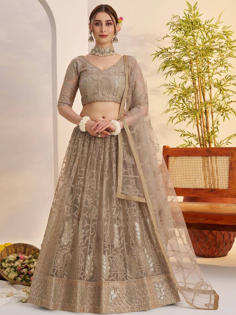 Gleaming Gray Sequins Net Bridesmaid Lehenga Choli With Dupatta