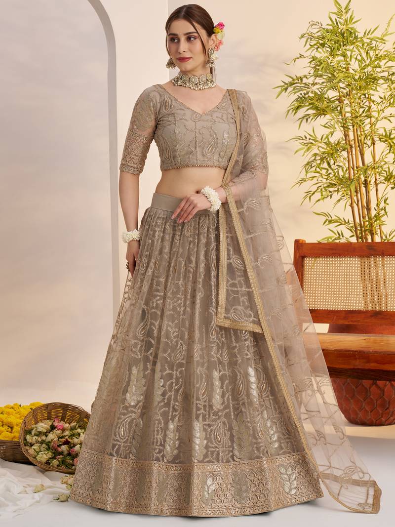 Gleaming Gray Sequins Net Bridesmaid Lehenga Choli With Dupatta