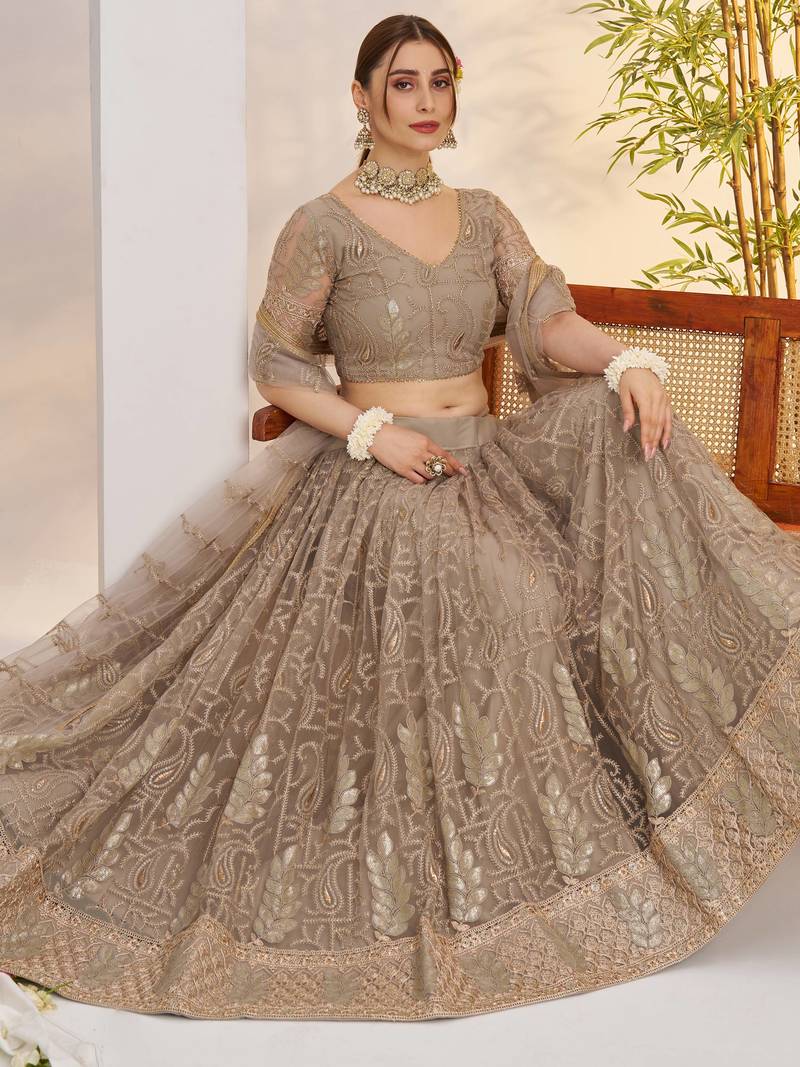 Gleaming Gray Sequins Net Bridesmaid Lehenga Choli With Dupatta
