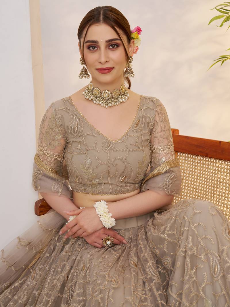 Gleaming Gray Sequins Net Bridesmaid Lehenga Choli With Dupatta