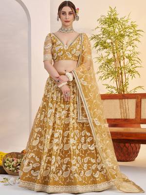 designer yellow thread embroidered work net lehenga choli set
 1