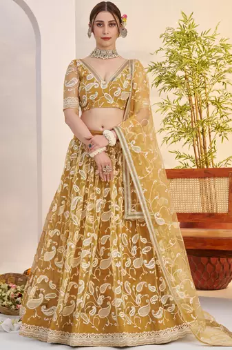 Superior Yellow Thread Embroidered Net Lehenga Choli With Dupatta