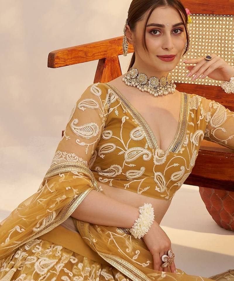 Superior Yellow Thread Embroidered Net Lehenga Choli With Dupatta