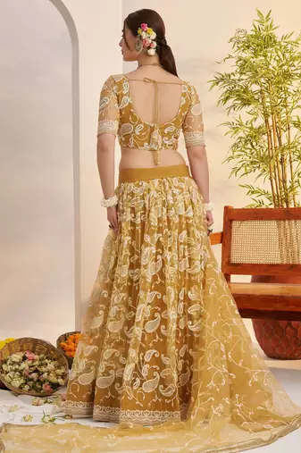 designer yellow thread embroidered work net lehenga choli set