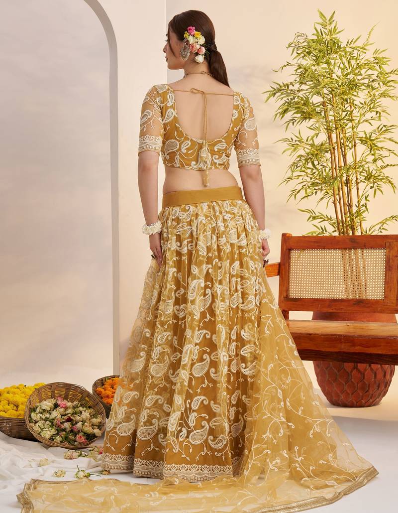 Superior Yellow Thread Embroidered Net Lehenga Choli With Dupatta