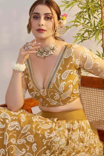 designer yellow thread embroidered work net lehenga choli set