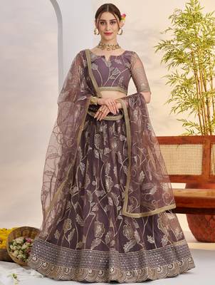 dusty purple thread work net lehenga choli for engagement wear 1