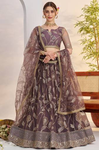 dusty purple thread work net lehenga choli for engagement wear