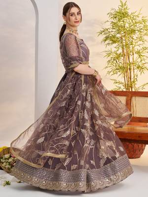 dusty purple thread work net lehenga choli for engagement wear 2