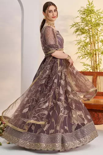 dusty purple thread work net lehenga choli for engagement wear