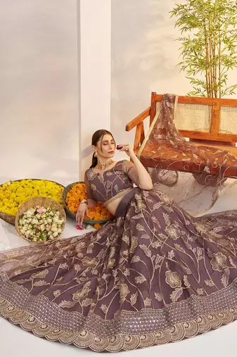 dusty purple thread work net lehenga choli for engagement wear