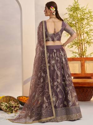 dusty purple thread work net lehenga choli for engagement wear 4