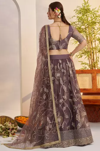 dusty purple thread work net lehenga choli for engagement wear