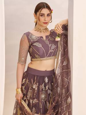 dusty purple thread work net lehenga choli for engagement wear 5