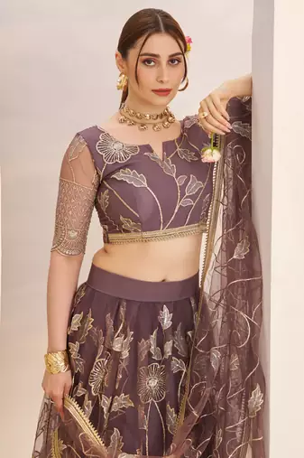 dusty purple thread work net lehenga choli for engagement wear