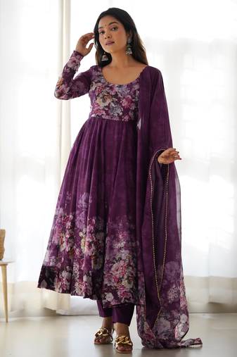 Magenta organza anarkali set with floral print dupatta and pant