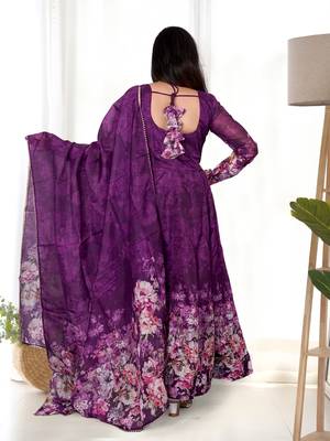 Magenta organza anarkali set with floral print dupatta and pant 3