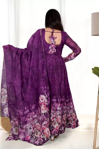 Magenta organza anarkali set with floral print dupatta and pant