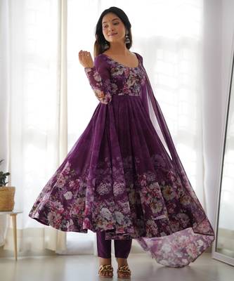 Magenta organza anarkali set with floral print dupatta and pant 4