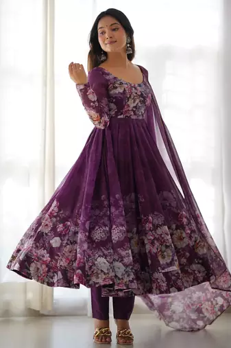 Magenta organza anarkali set with floral print dupatta and pant