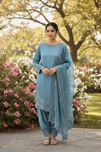 Stylish Suit Set With Dupatta Blue Color Palazzo Suit Set