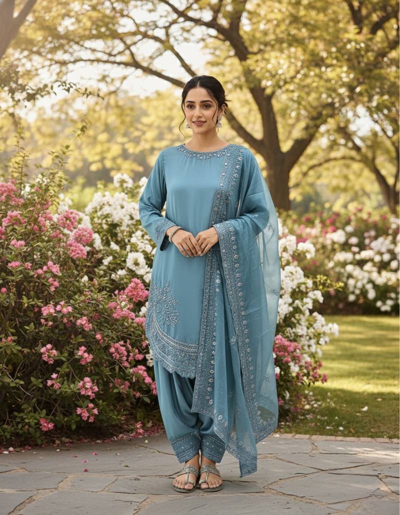 Stylish Suit Set With Dupatta Blue Color Palazzo Suit Set