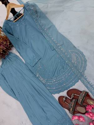 Stylish Suit Set With Dupatta Blue Color Palazzo Suit Set 3