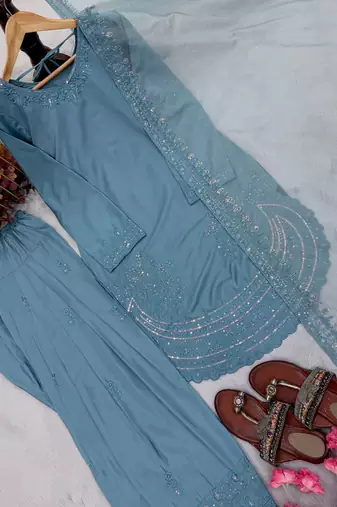 Stylish Suit Set With Dupatta Blue Color Palazzo Suit Set