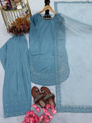 Stylish Suit Set With Dupatta Blue Color Palazzo Suit Set 4