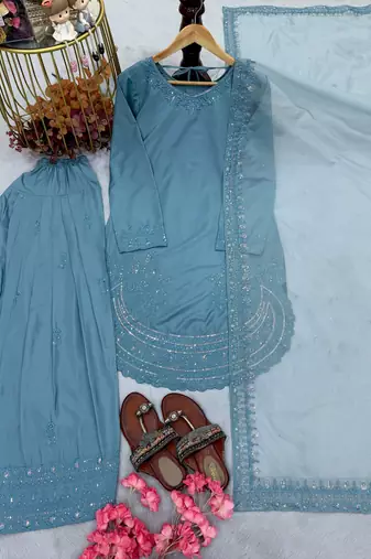 Stylish Suit Set With Dupatta Blue Color Palazzo Suit Set