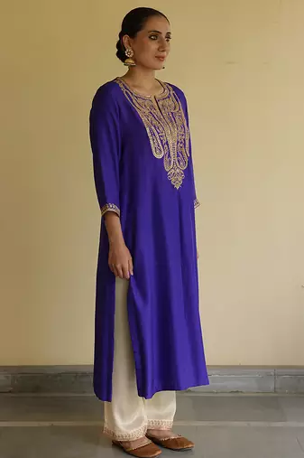 Blue embroidered silk kurta set