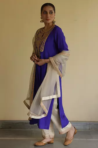 Blue embroidered silk kurta set