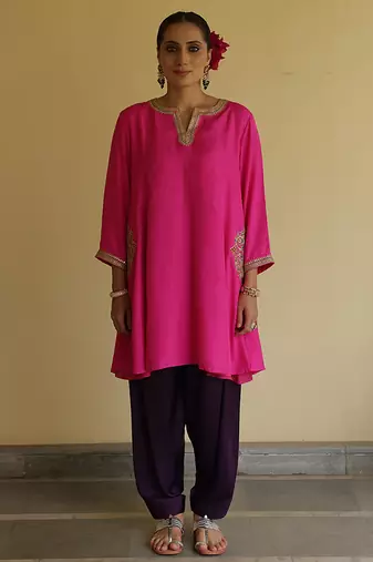 Pink embroidered silk kurta set
