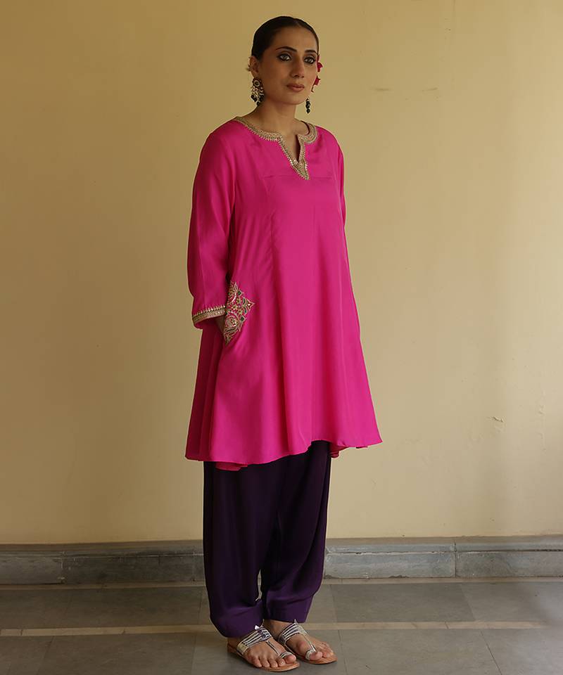 Pink embroidered silk kurta set