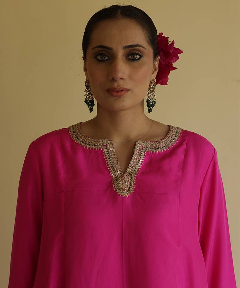 Pink embroidered silk kurta set