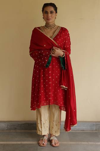Red embroidered silk kurta set