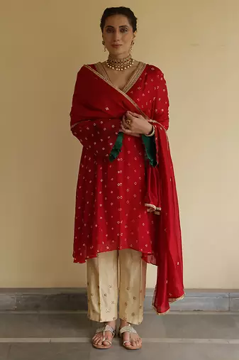 Red embroidered silk kurta set
