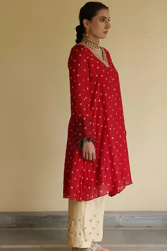 Red embroidered silk kurta set