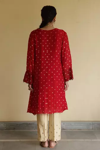 Red embroidered silk kurta set