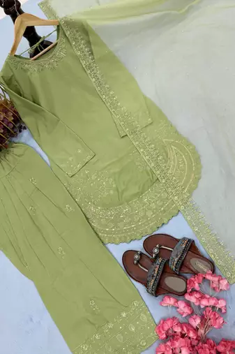 Green Palazzo Set With Dupatta Floral Suit Set