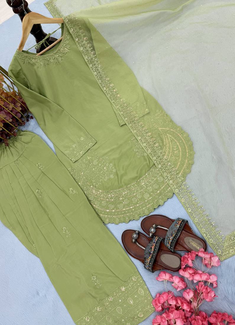 Green Palazzo Set With Dupatta Floral Suit Set